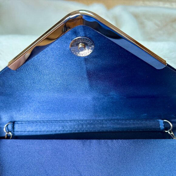 La Regale Crisscross Navy Blue Satin Structured Envelope (Clutch/ Shoulder Bag/ - Picture 11 of 16